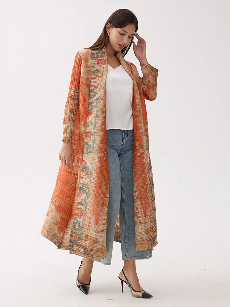 Miyake Pleated Abaya Coat – Vintage Print Designer Jacket