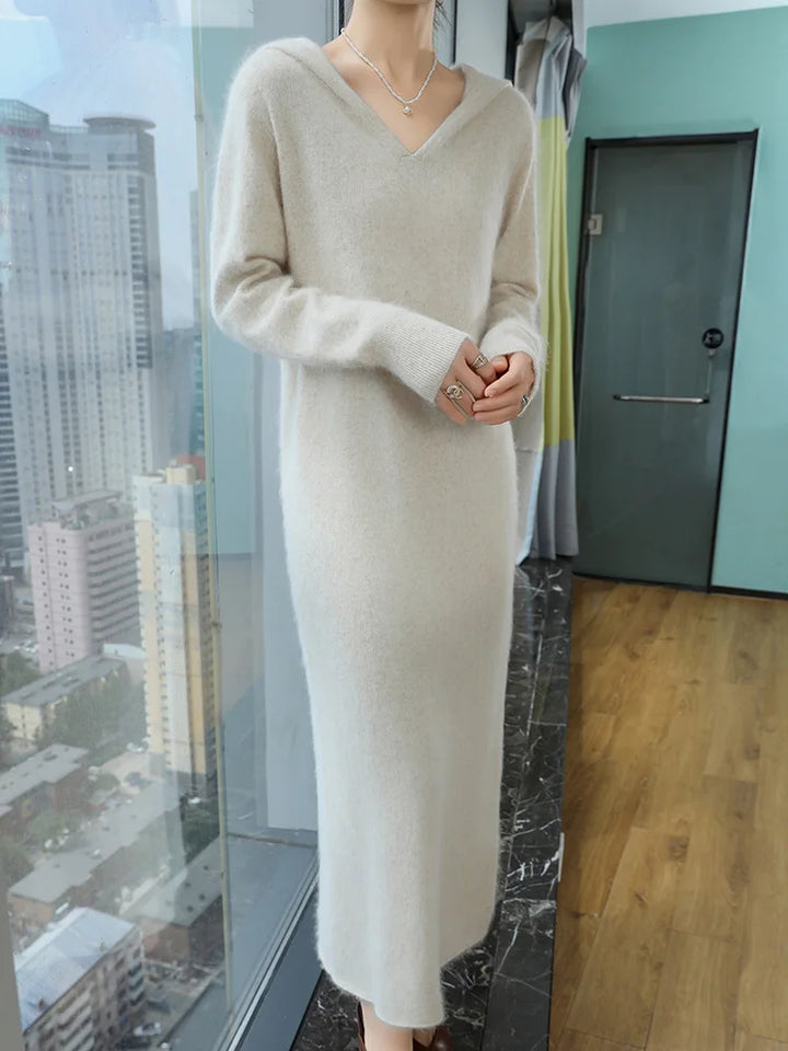 100% Pure Mink Cashmere Knitted Hooded Collar Dress