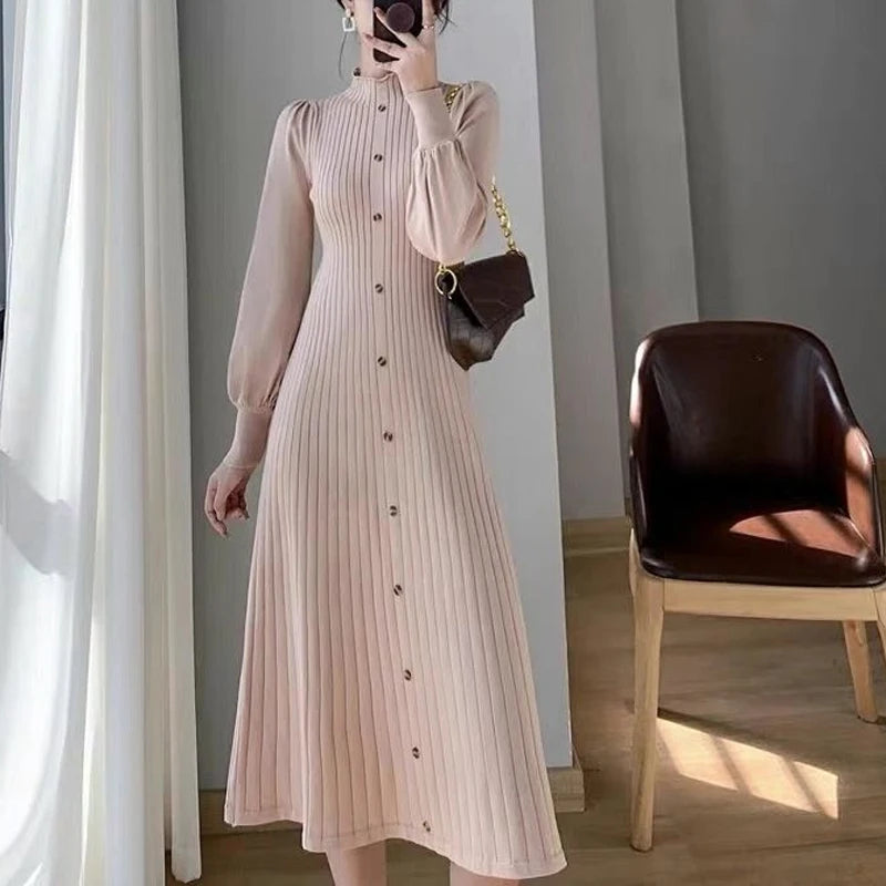 Spring Autumn Solid Color Midi Dress