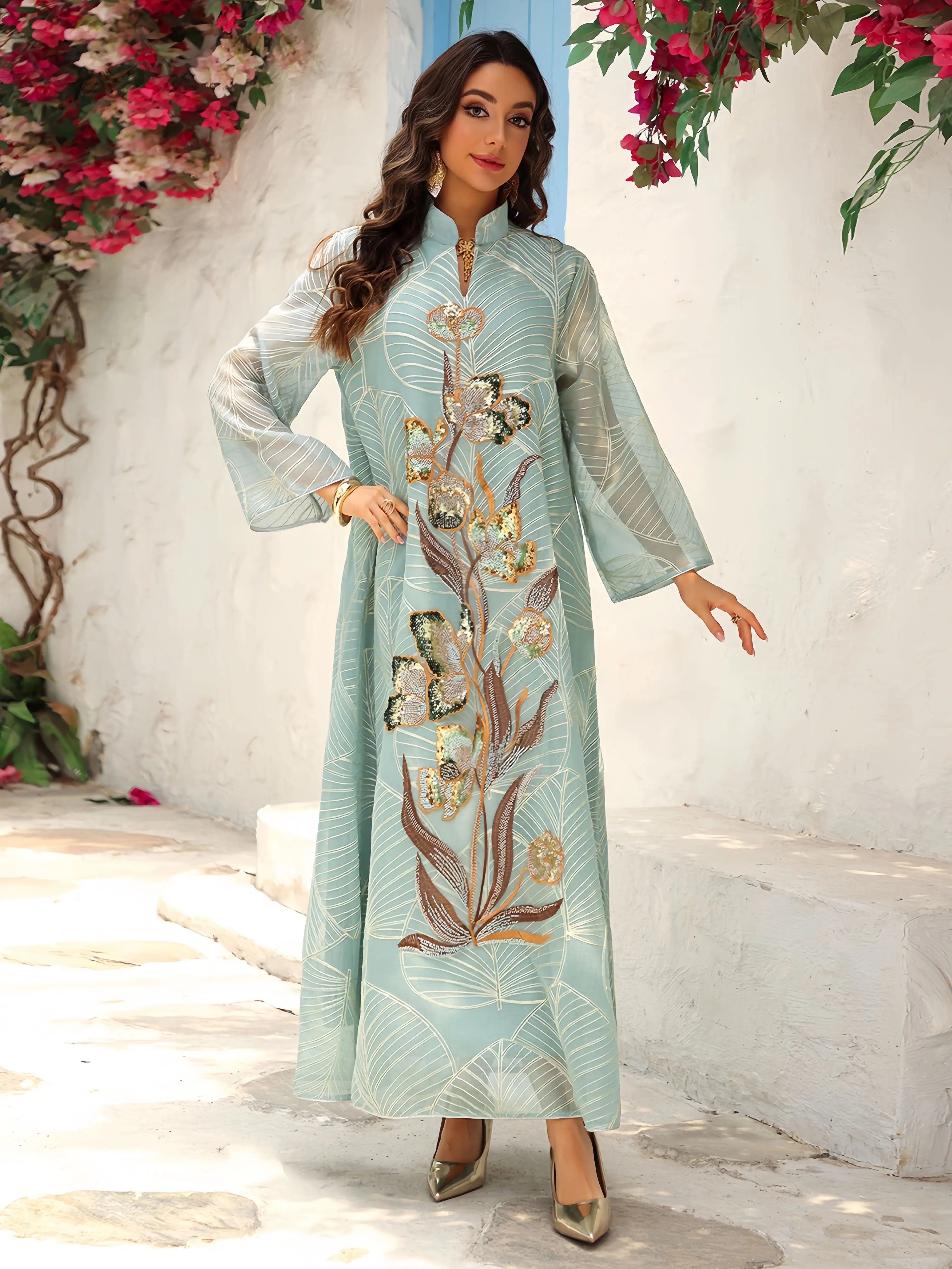 Light Blue Sequin Floral Abaya – Embroidered Evening Dress