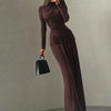 Maxi Dress Women O-Neck Full Sleeve Solid Banquet Elegant Vacation Fashion