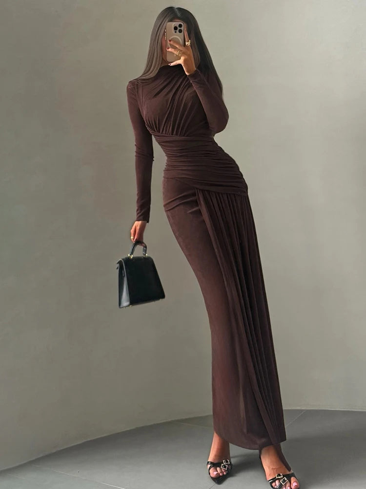 Maxi Dress Women O-Neck Full Sleeve Solid Banquet Elegant Vacation Fashion
