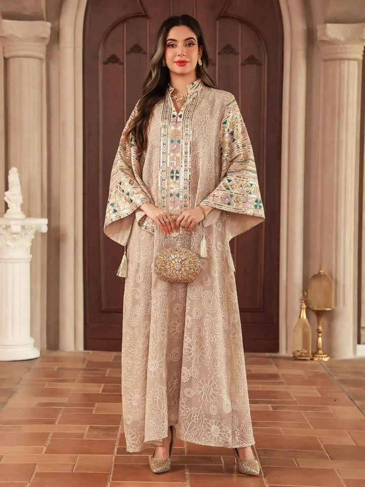 Multicolor Embroidered Sequin Abaya – Beige Eid Dress