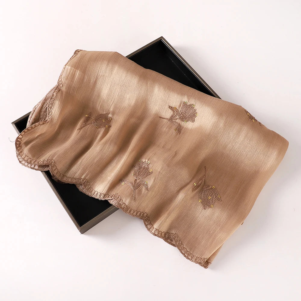 90×90cm Floral Embroidery Chiffon Hijab – Lightweight Shimmer Scarf