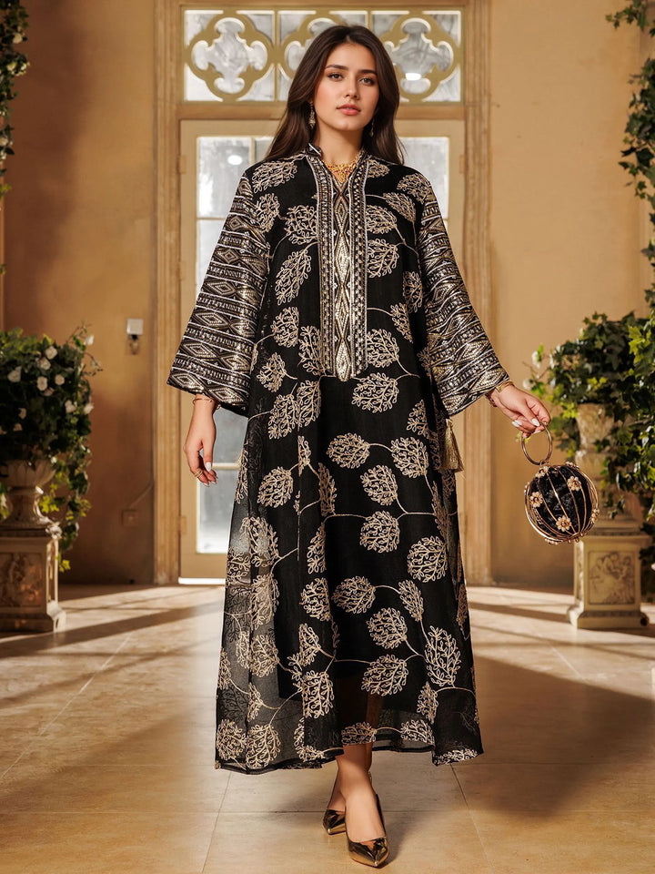 Black Embroidered Abaya – Gold Detail Formal Dress