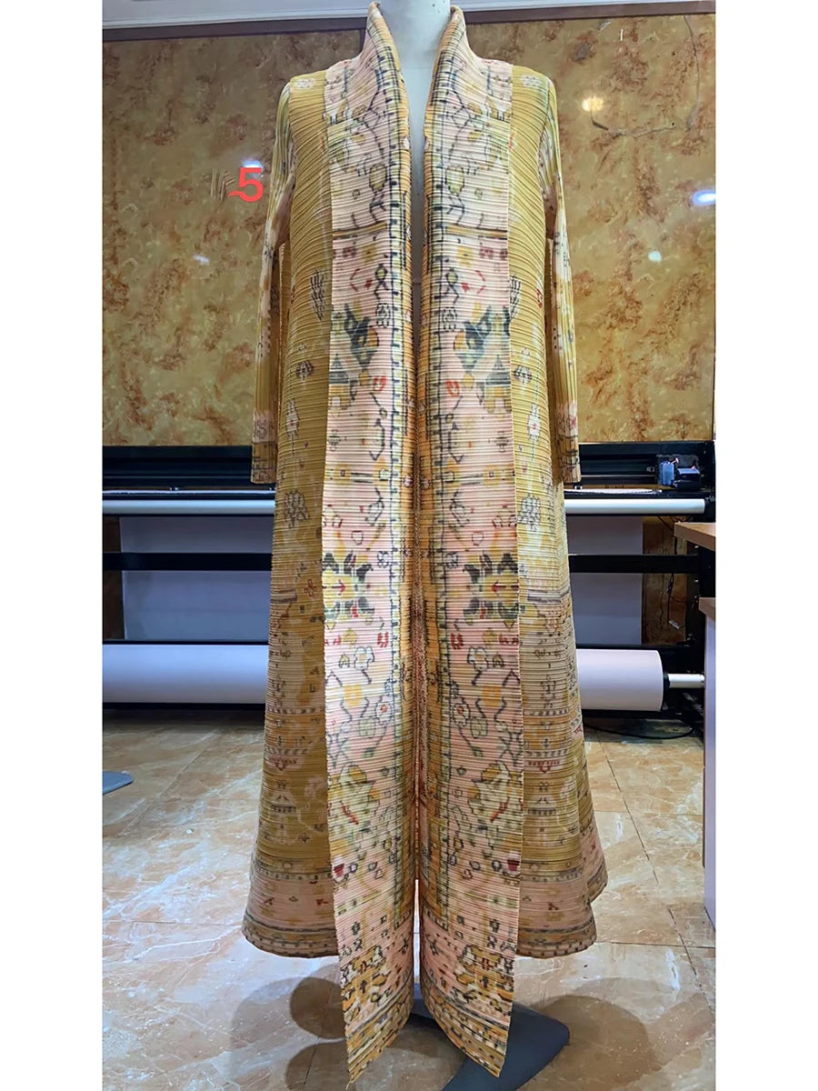 Miyake Pleated Abaya Coat – Vintage Print Designer Jacket