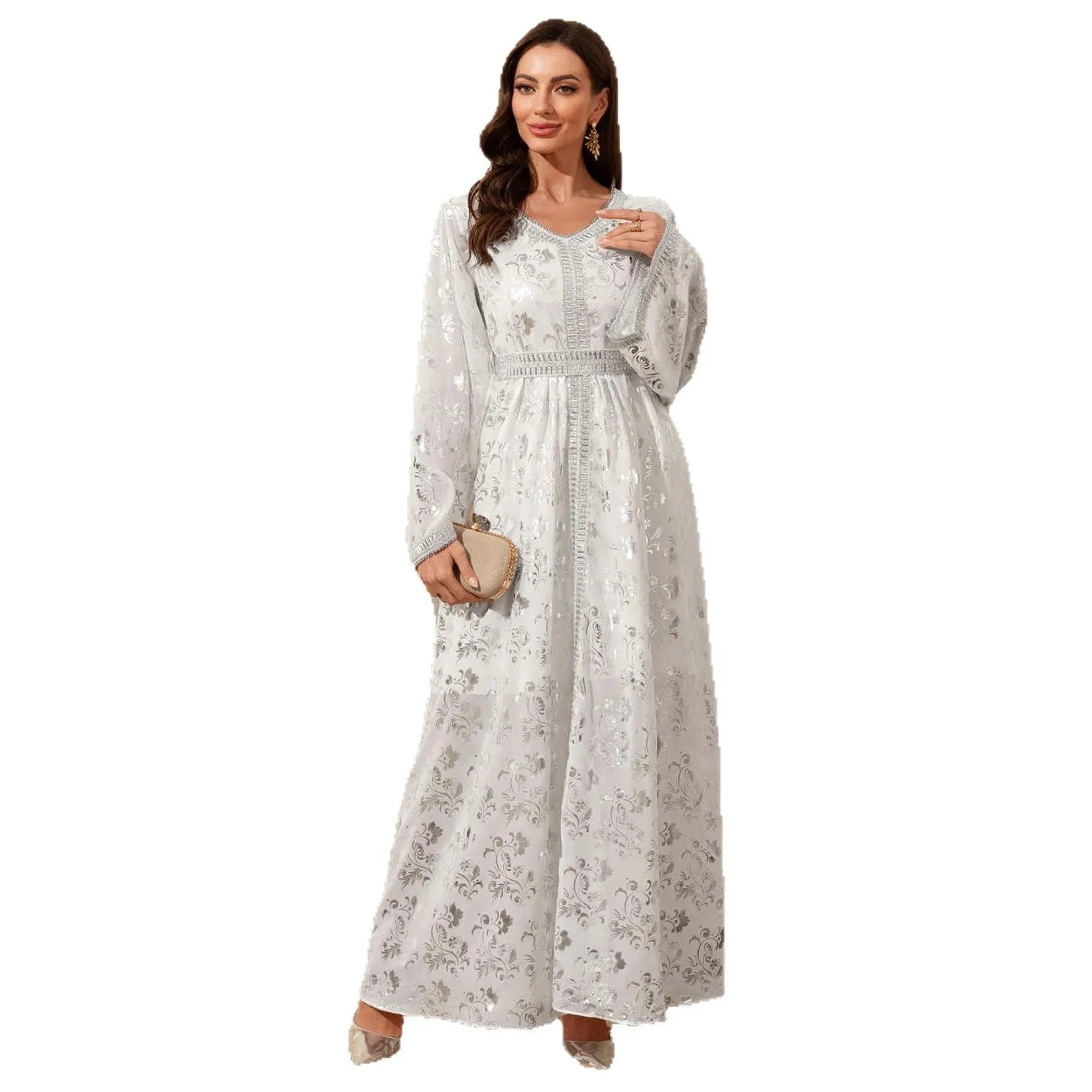 Silver Foil Print Modest Maxi Dress – Elegant Eid & Occasion Abaya