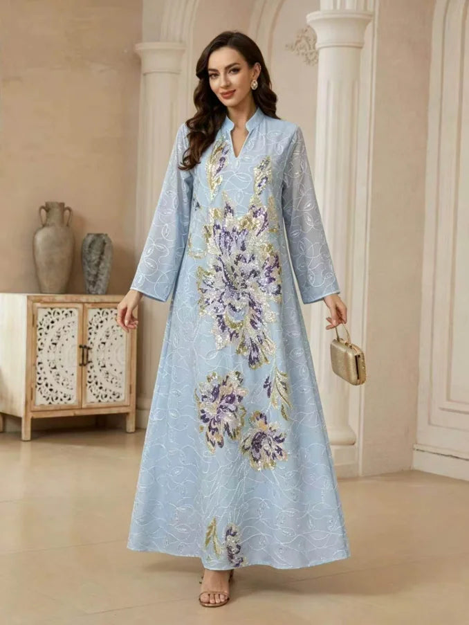 Bead Embroidered V-Neck Arabic Dress – Elegant Kaftan