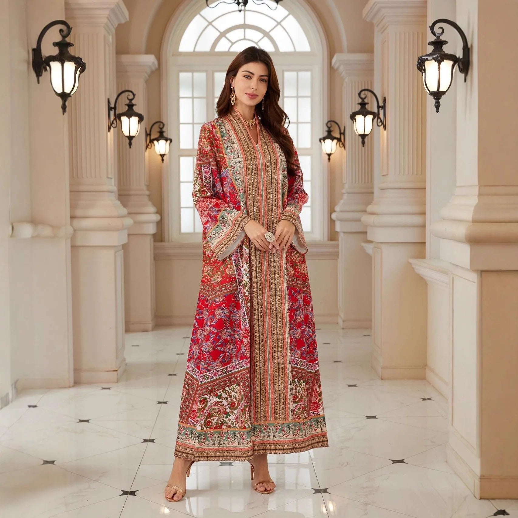 Elegant Paisley Rhinestone Kaftan Abaya – V-Neck Modest Maxi Dress