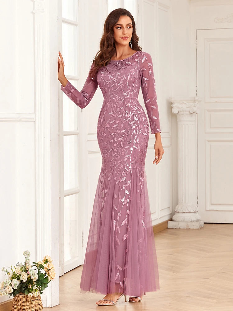 Elegant Mermaid Tulle Evening Gown – Long Sleeve Floral Embroidered Dress