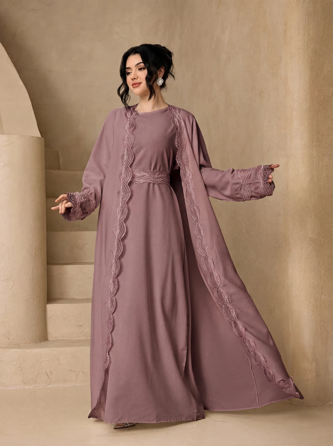 3-Piece Lace Trim Open Abaya Set – Modest Dress with Hijab & Belt
