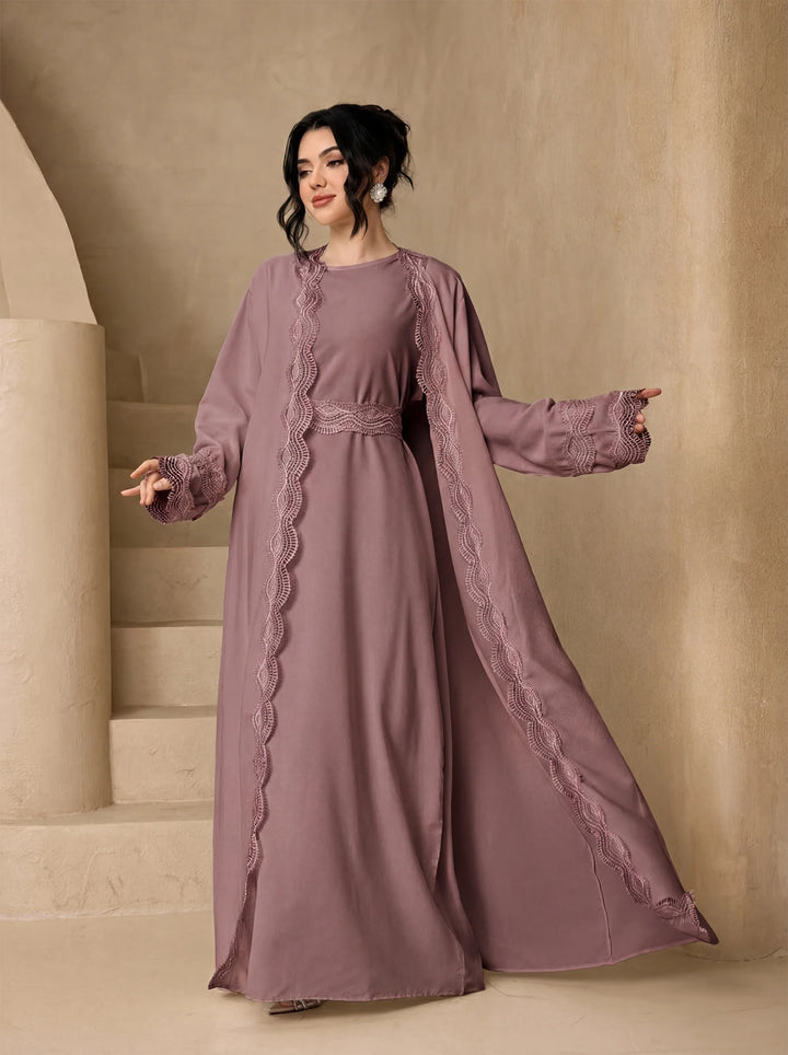 3-Piece Lace Trim Open Abaya Set – Modest Dress with Hijab & Belt