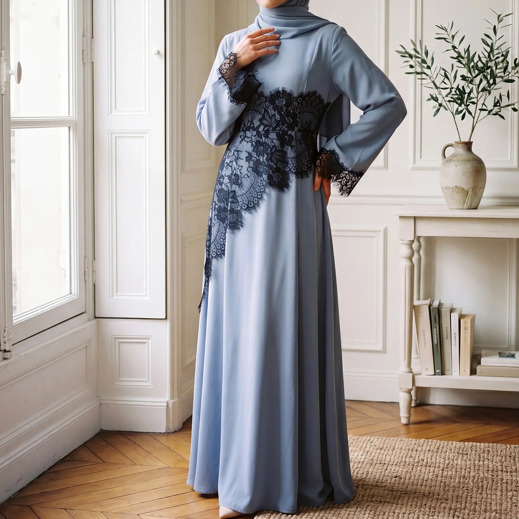 Summer Black Lace Overlay Feminine Modest Slim-Fit Muslimah Dress