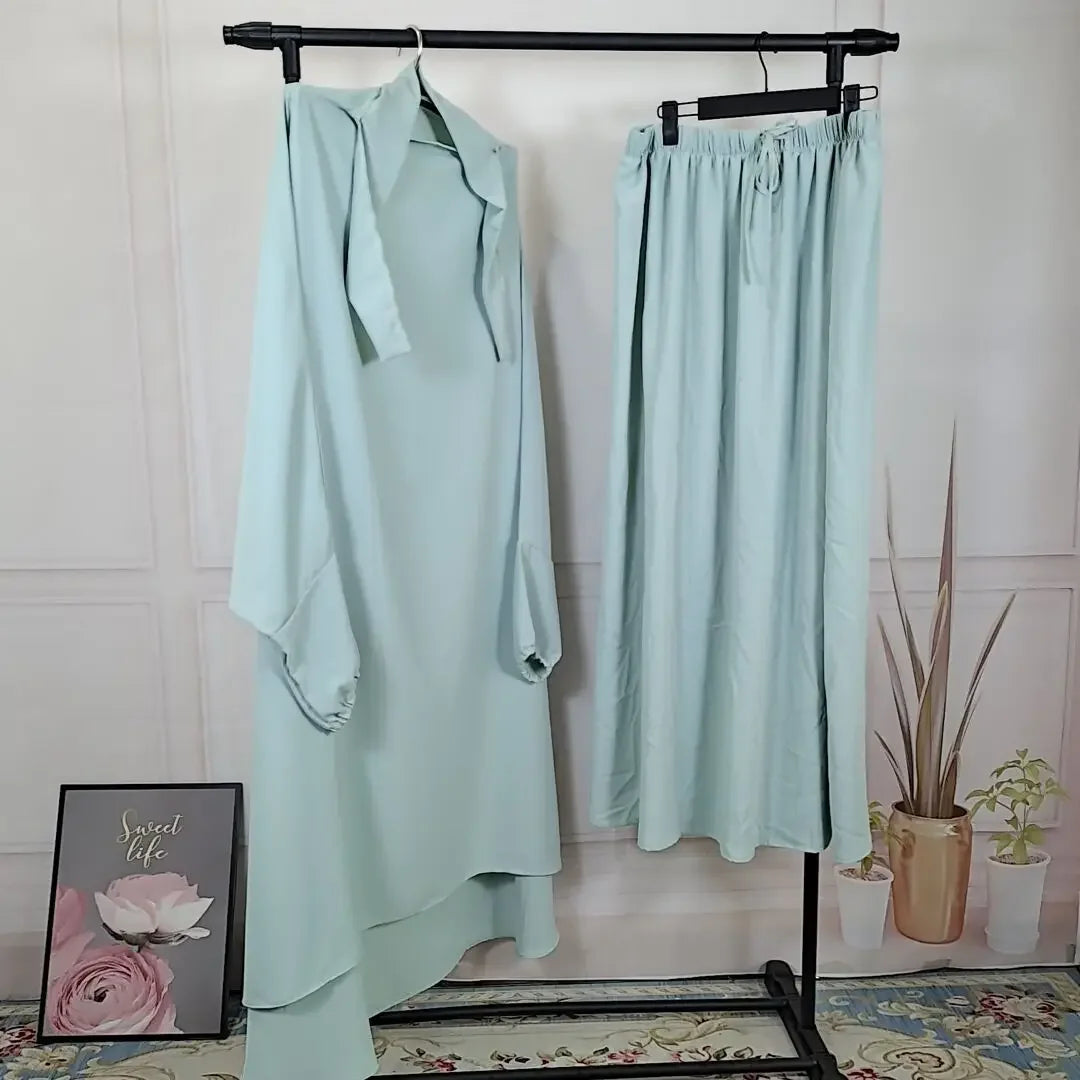Ramadan 2 Piece Long Khimar with Skirt Set Abaya Muslim Women