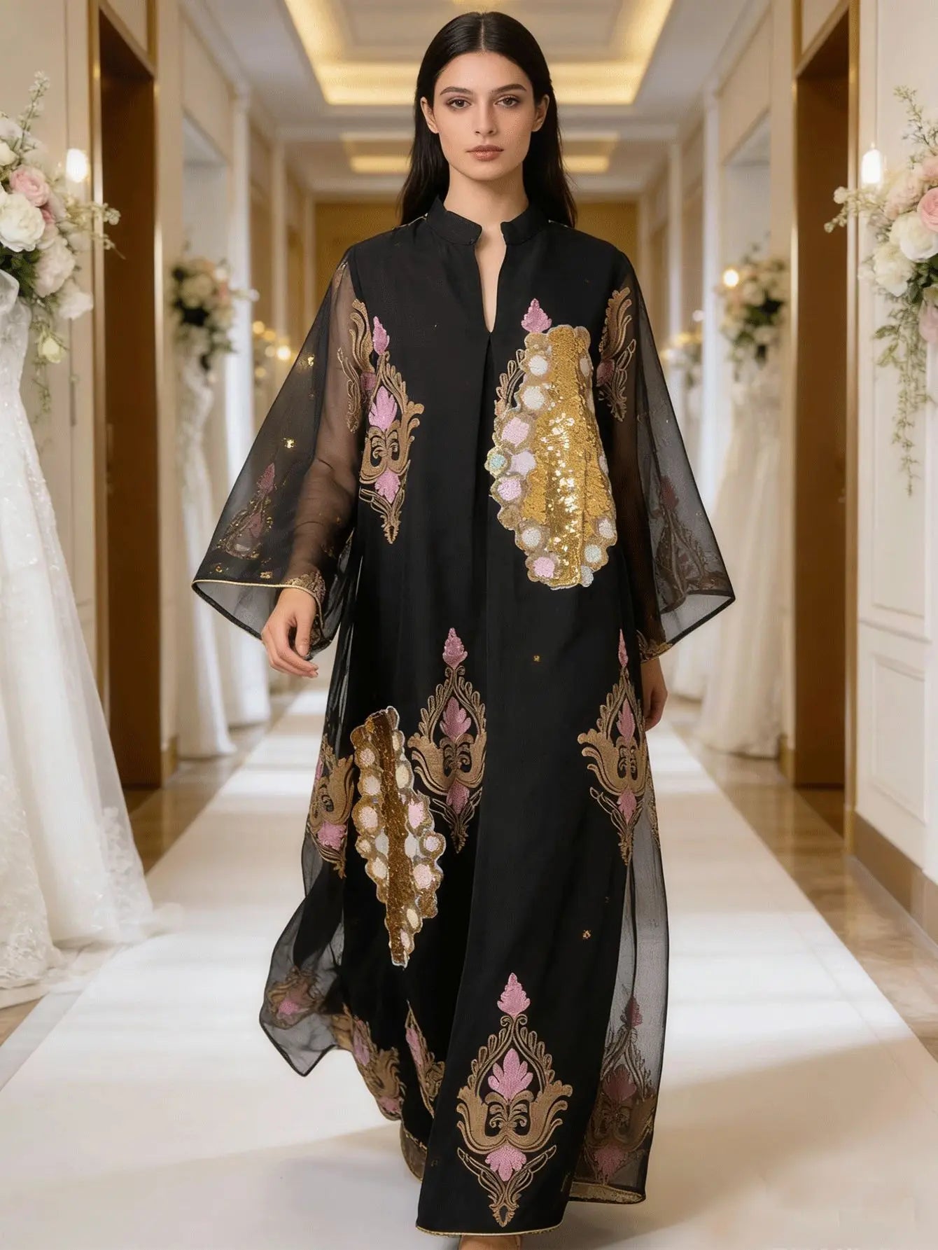 Sequin Leaf Embroidery Long Robe – Elegant Islamic Dress