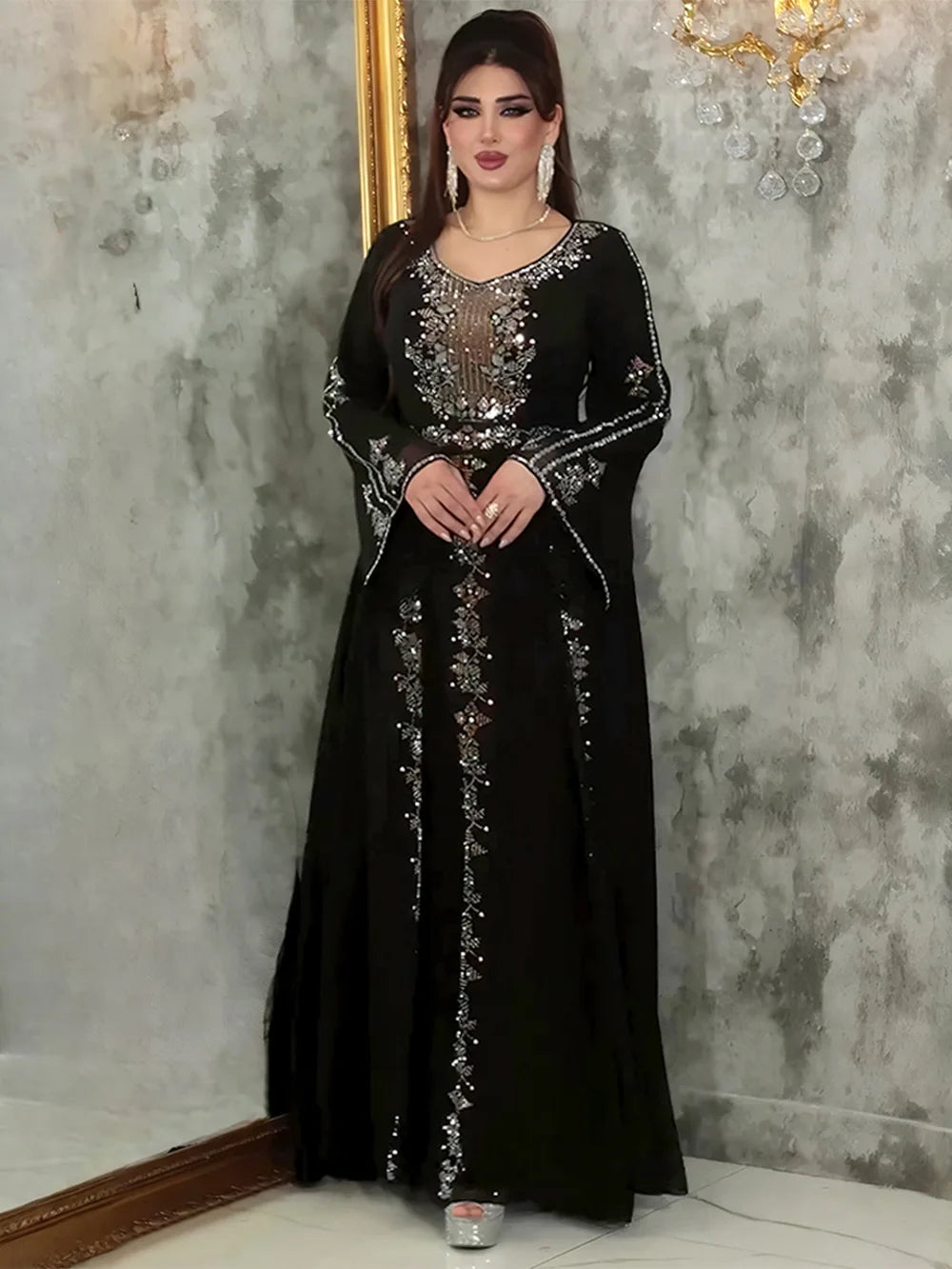 Elegant Chiffon Ruffle Sleeve Maxi Dress – Diamond-Detail Evening Gown