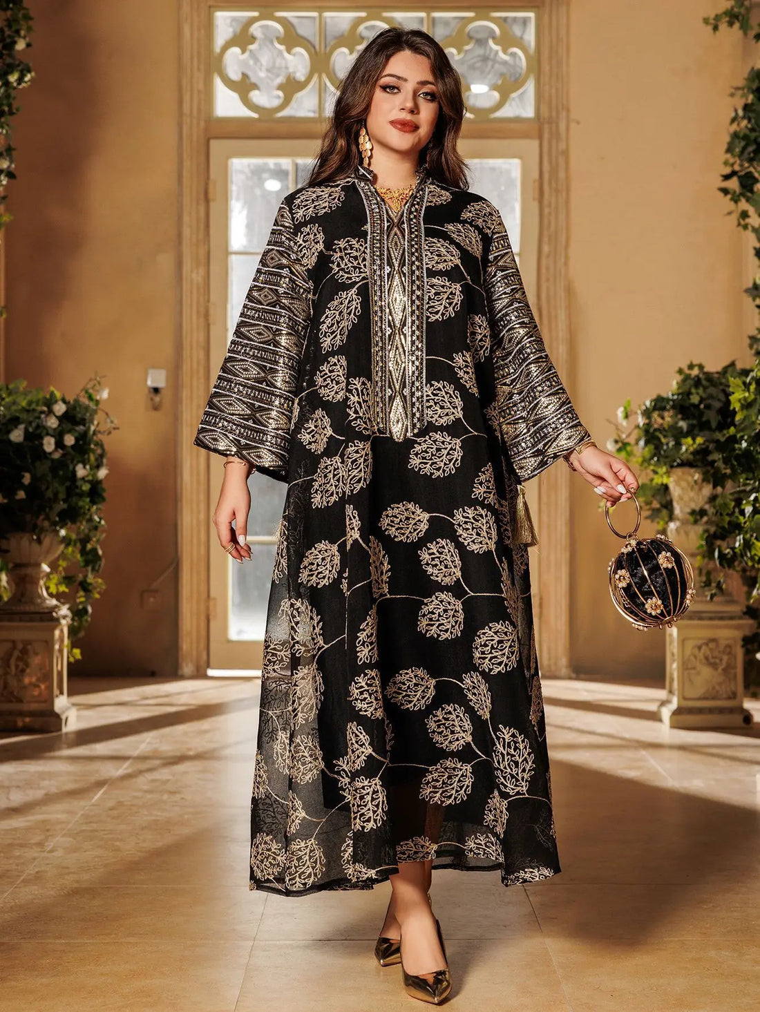 Black Embroidered Abaya – Gold Detail Formal Dress