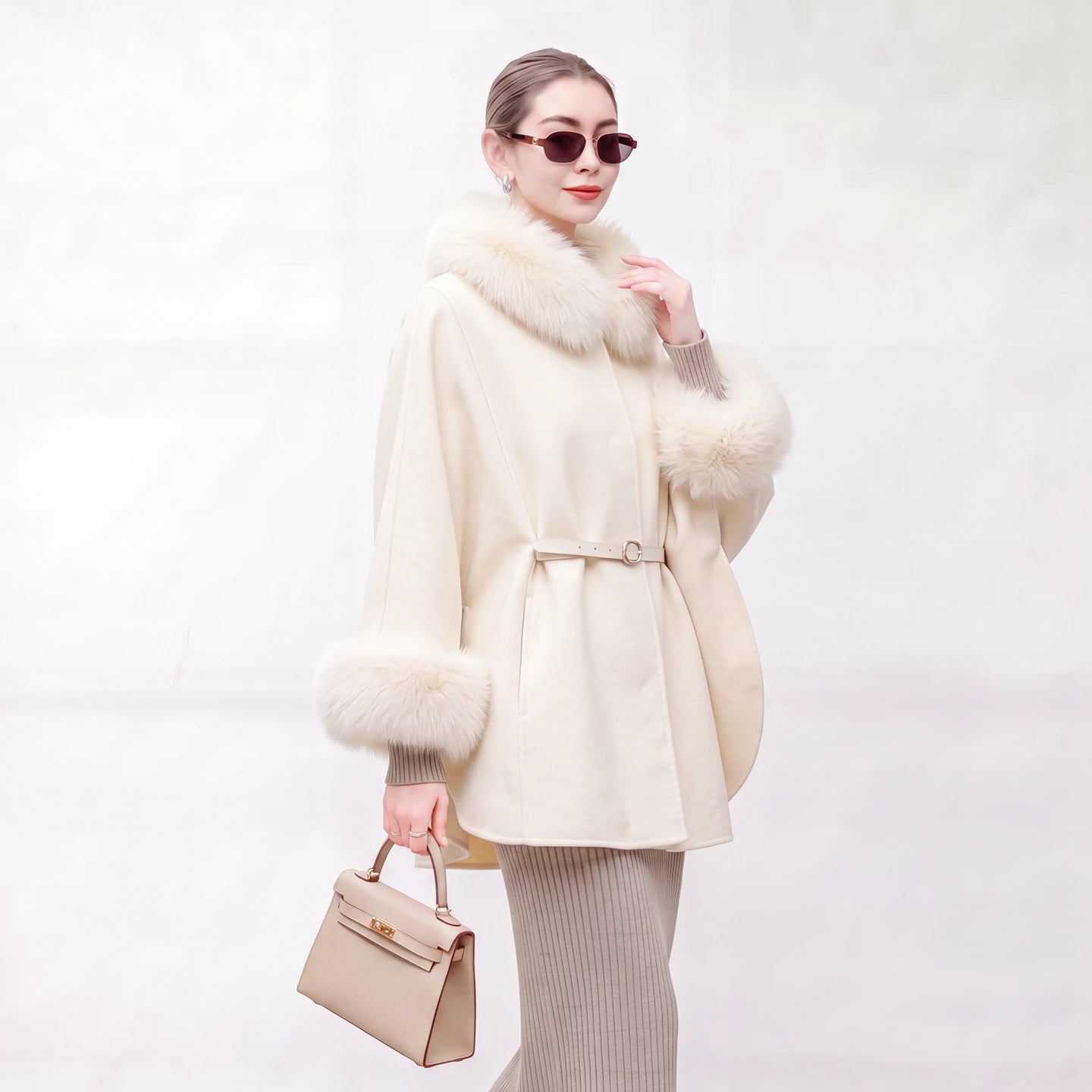 New detachable fox fur collar cape 100 wool double-sided woolen coat