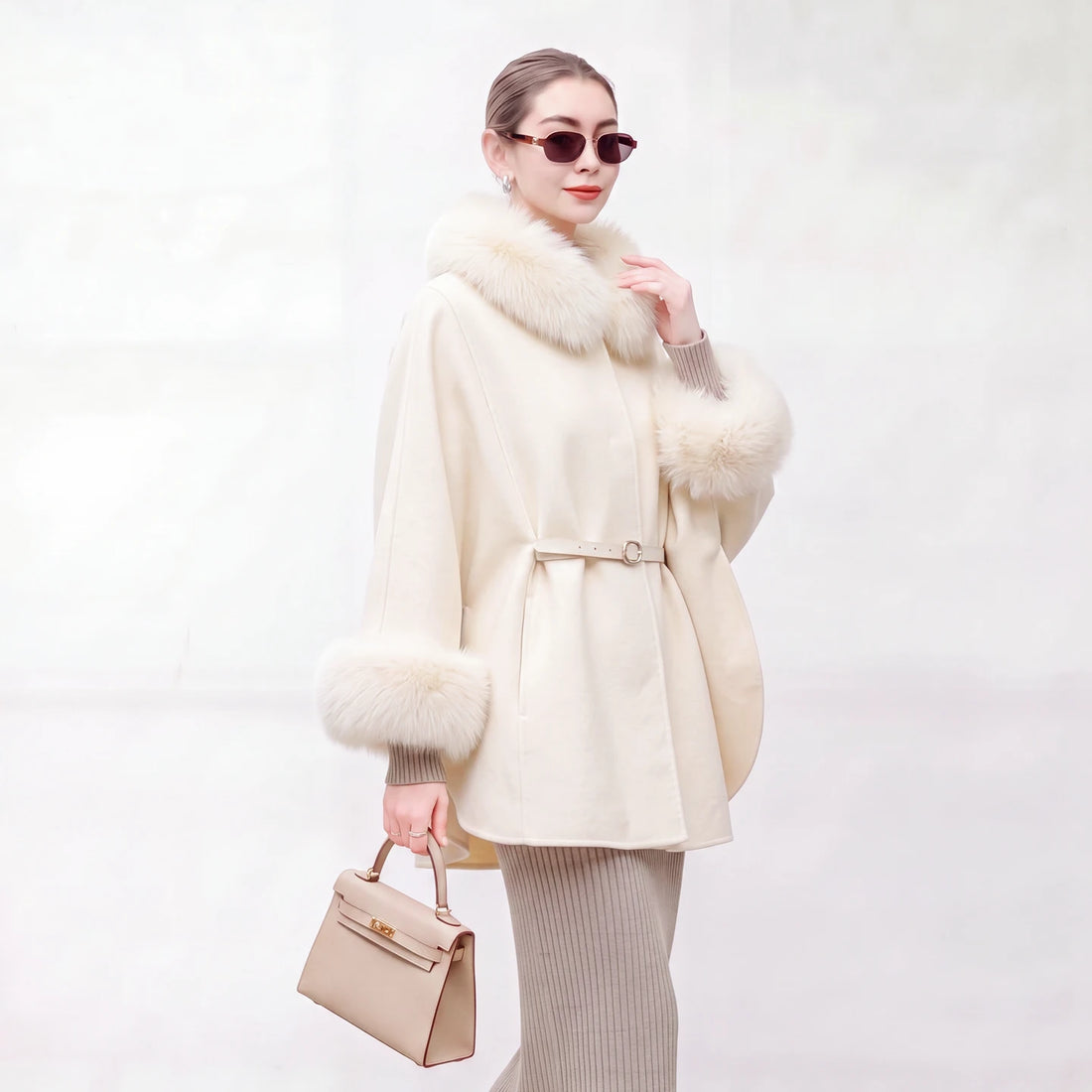 New detachable fox fur collar cape 100 wool double-sided woolen coat