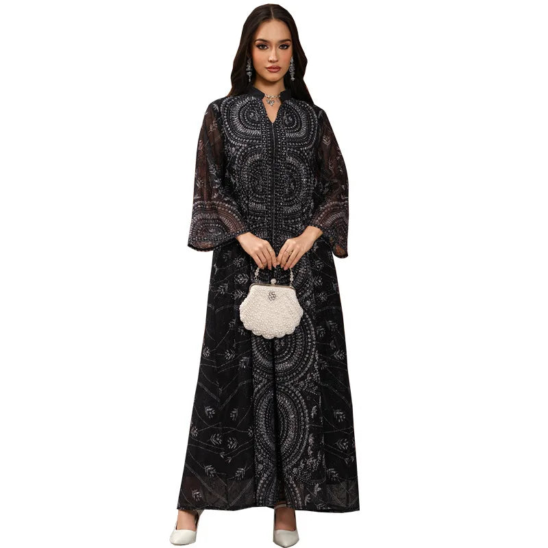 Eid Ramadan Women Dress Abaya Stand Collar Diamond Caftan Muslim Robe Jalabiya Ramadan Morocco Dubai Kaftan Vestidos Largos