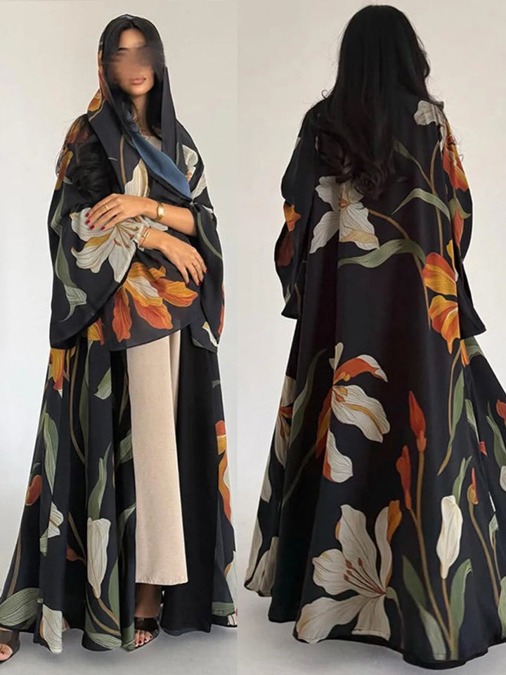 Scarf Print Abaya Cardigan – Long Moroccan Party Robe