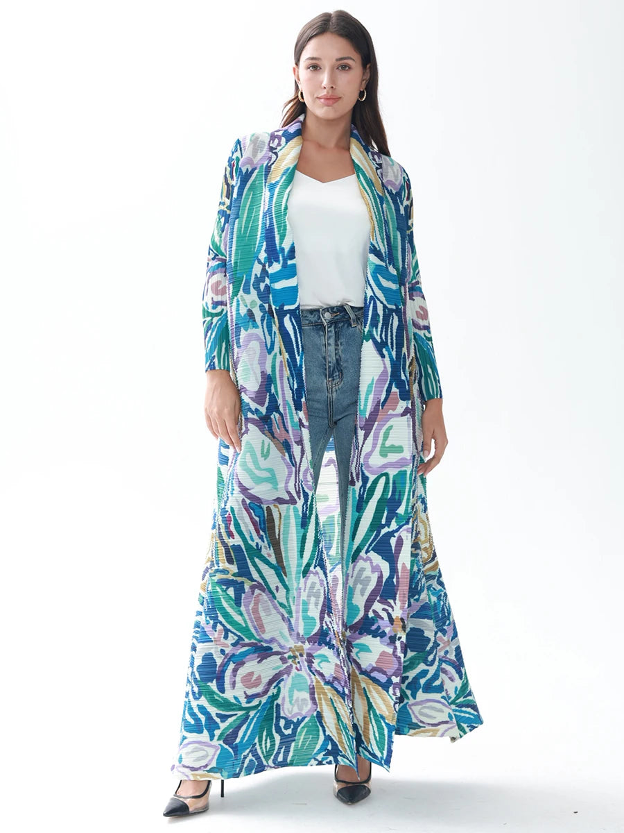Miyake Pleated Abaya Coat – Vintage Print Designer Jacket