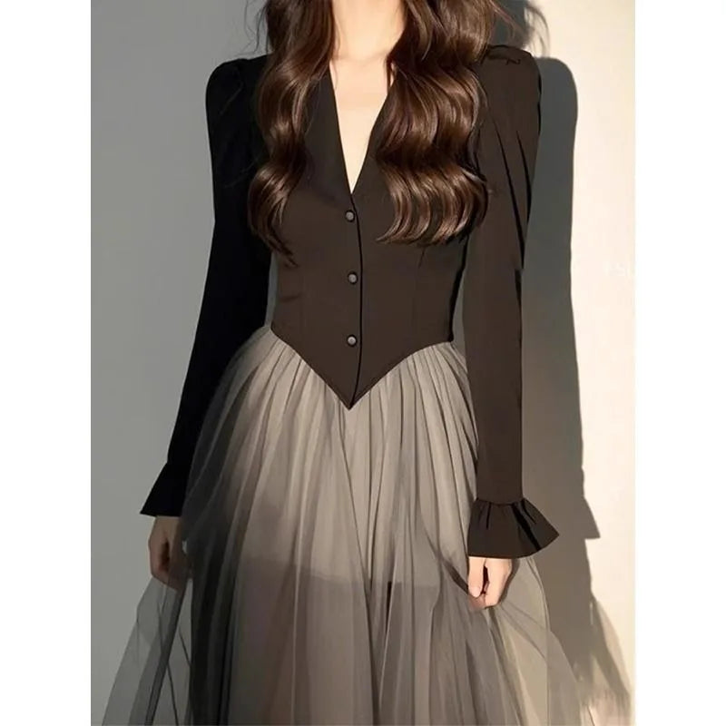 Women's Black Blazer Style Patchwork Ombre Tulle Maxi Dress