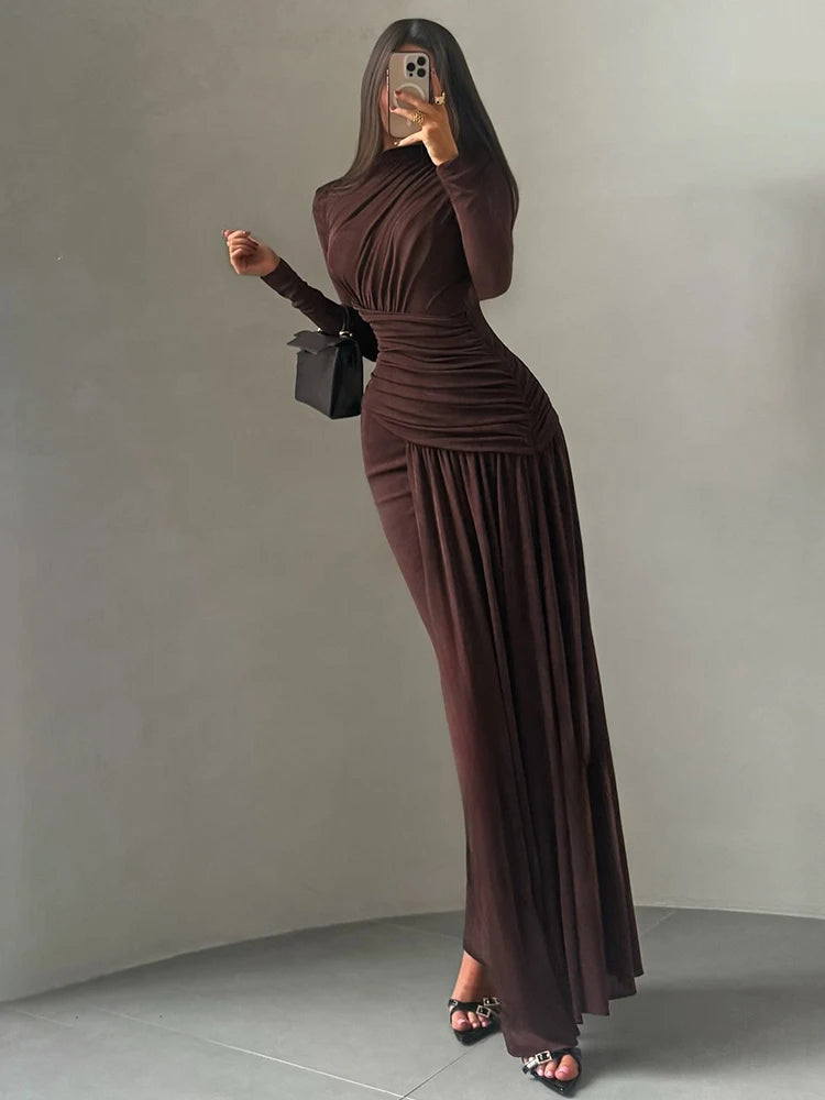 Maxi Dress Women O-Neck Full Sleeve Solid Banquet Elegant Vacation Fashion