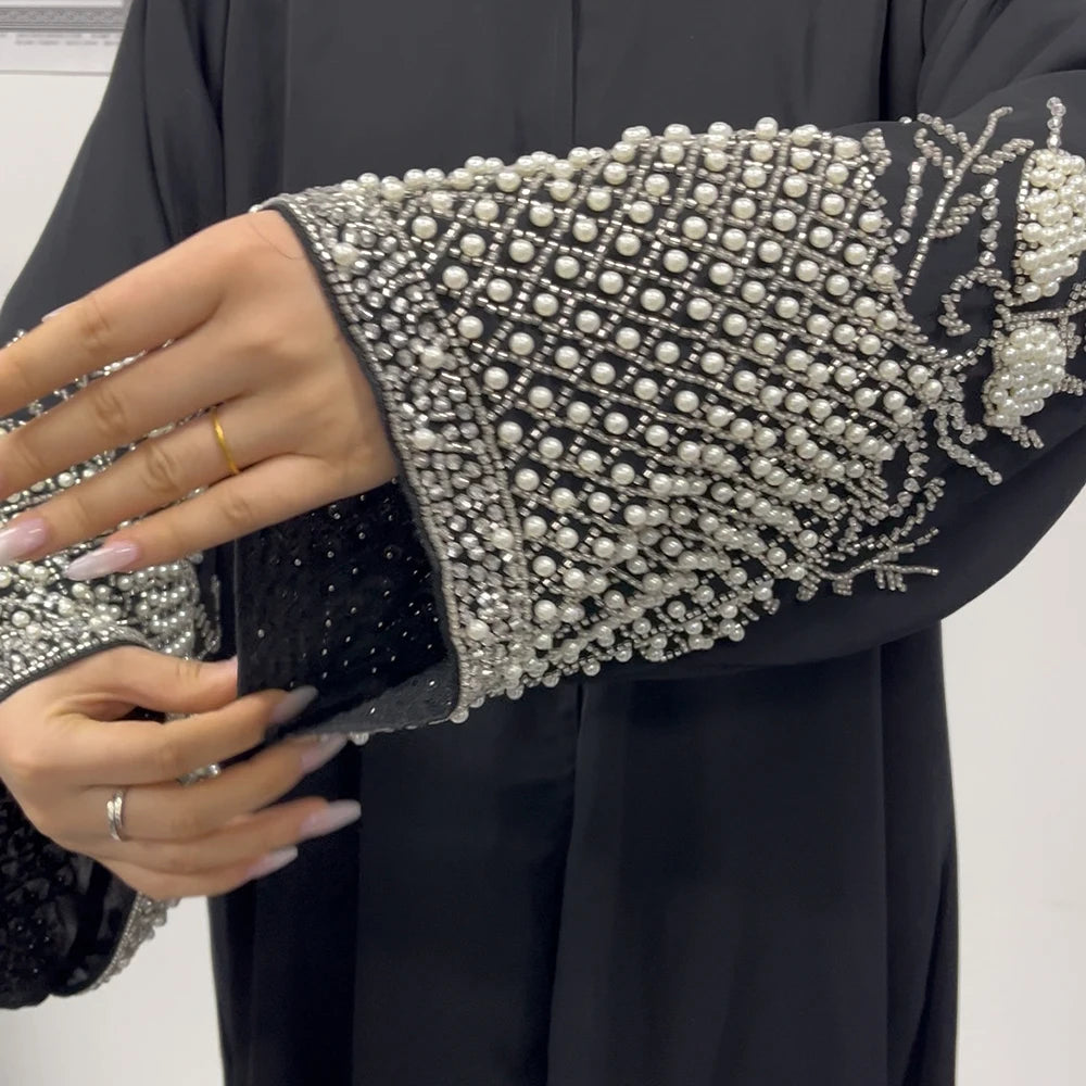 Luxury Black Abaya – Rhinestone & Bead Embroidery