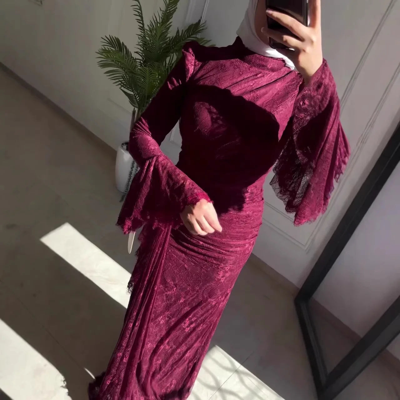 Eid Dress Muslim Women Abaya Kaftan Vestidos Flare Sleeve Lace Party Dresses
