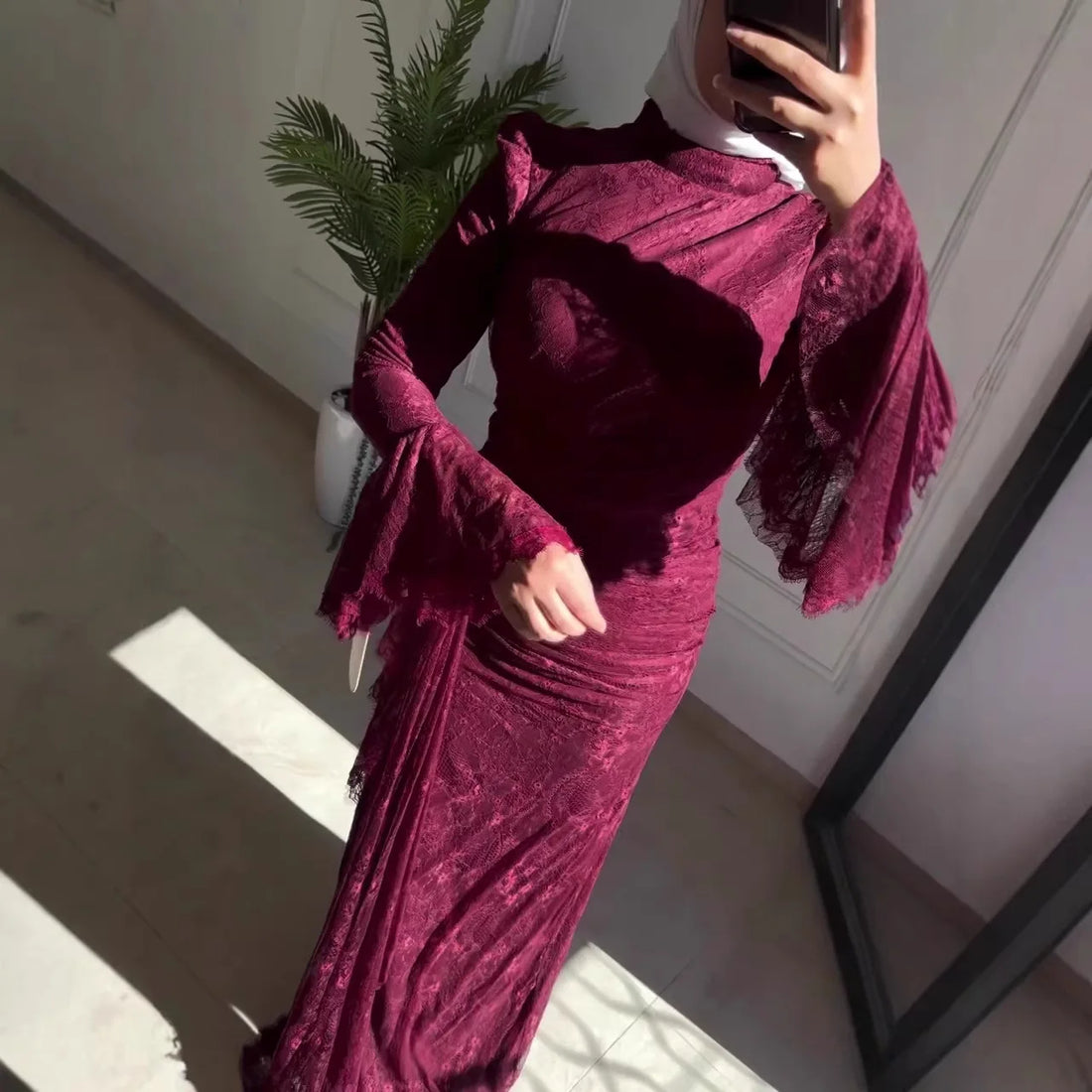 Eid Dress Muslim Women Abaya Kaftan Vestidos Flare Sleeve Lace Party Dresses