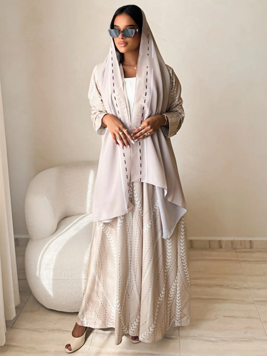 Eid Prin 2 Piece Kaftan Cardigan Abaya Hijab Set