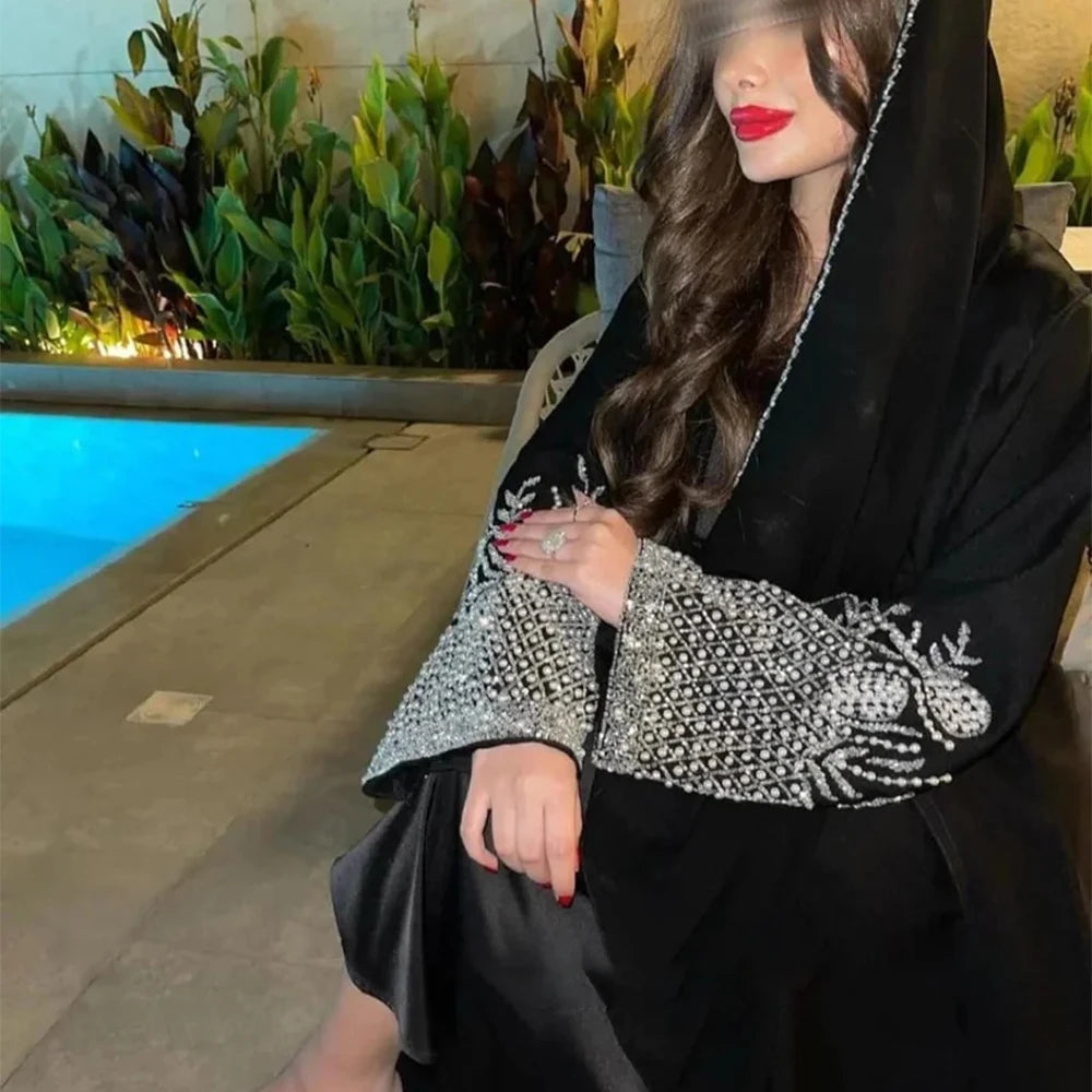 Luxury Black Abaya – Rhinestone & Bead Embroidery