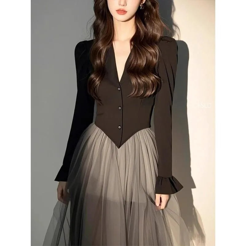 Women's Black Blazer Style Patchwork Ombre Tulle Maxi Dress