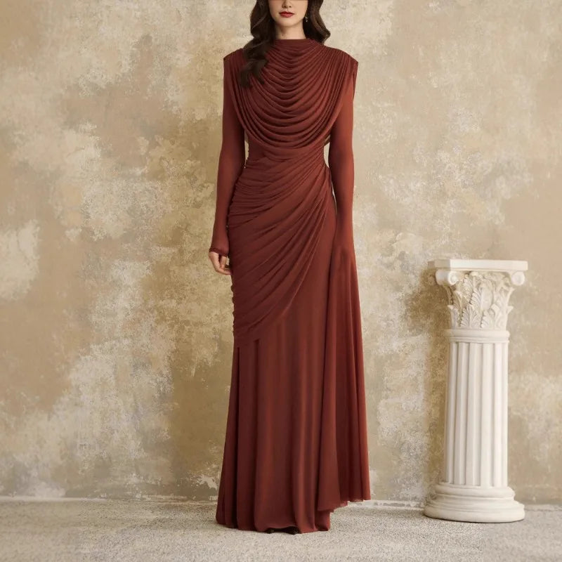 Solid Draped Neckline Long Dress
