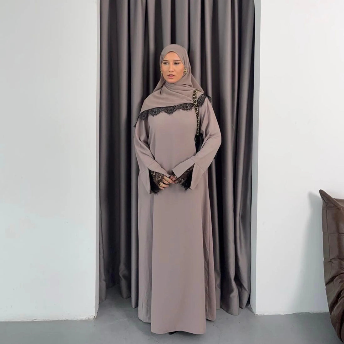 Dress Suit Women Hijab Dresses 2 Piece Set Jalabiya Muslim Lace Abaya