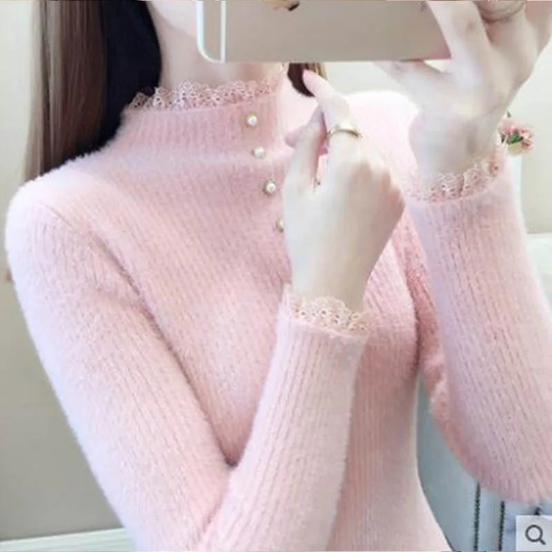Women Clothing Elegant Fashion Half High Collar Long Sleeve Sweaters