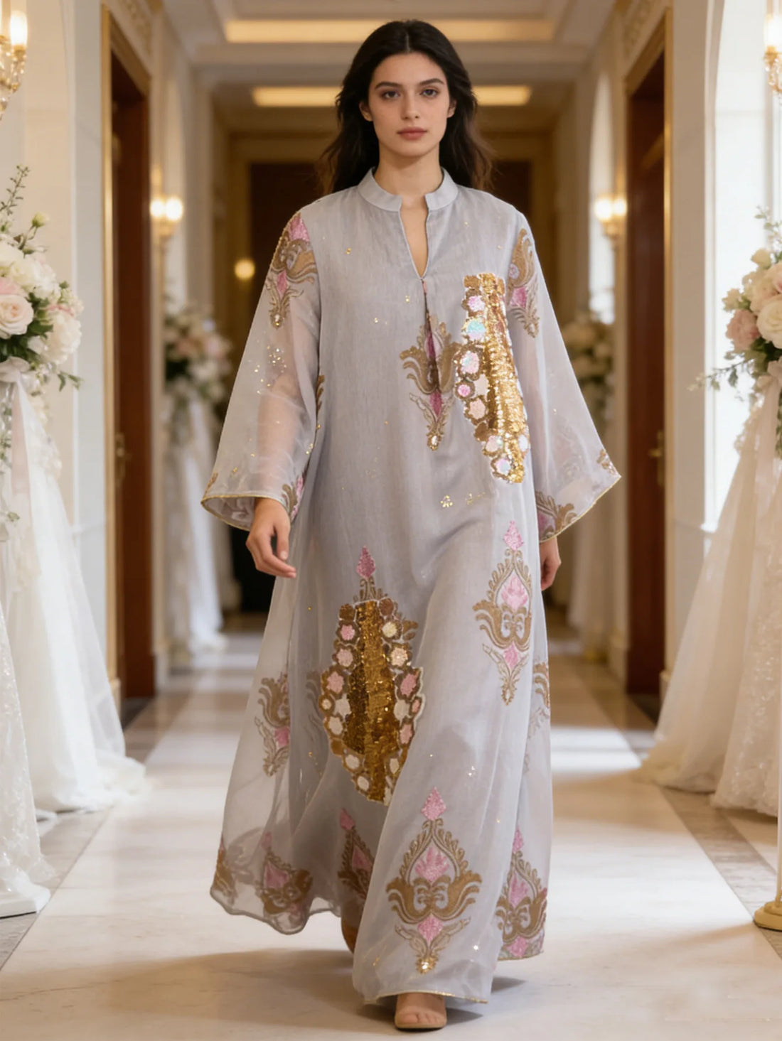 Sequin Leaf Embroidery Long Robe – Elegant Islamic Dress