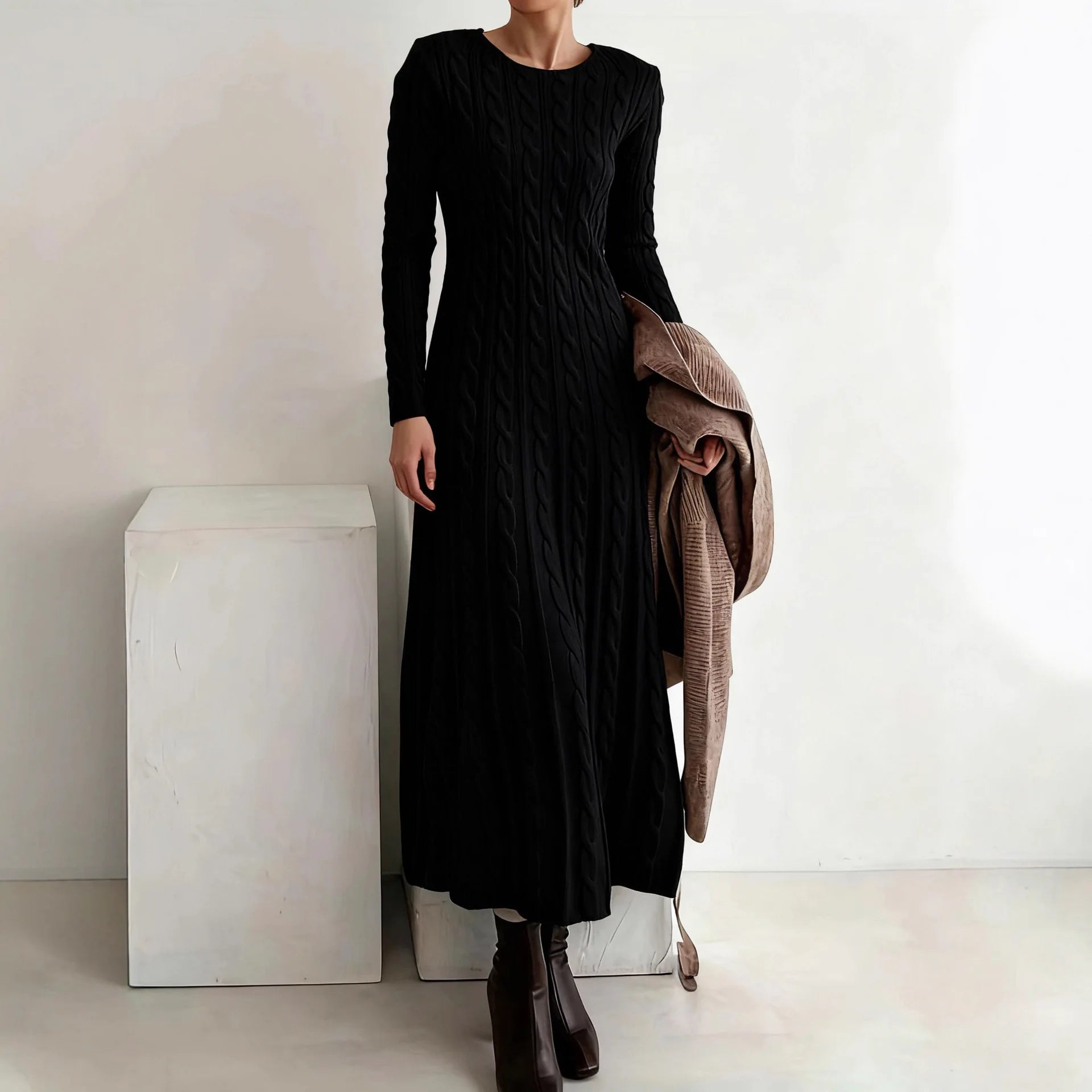 Women 2026 Autumn Winter Round Neck Fitted Cable Knit Sweater Maxi Dress
