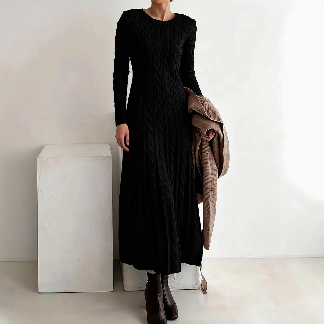 Women 2026 Autumn Winter Round Neck Fitted Cable Knit Sweater Maxi Dress