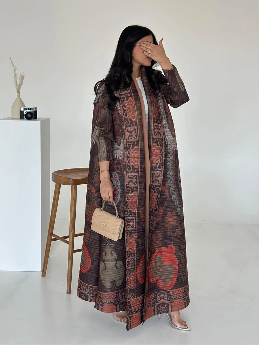 Miyake Pleated Abaya Coat – Vintage Print Designer Jacket